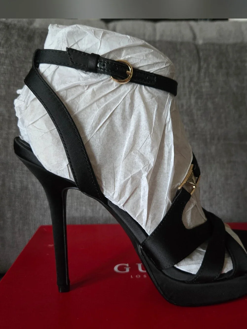 GUESS Levinna Black Satin High Heel Strappy Sandals
